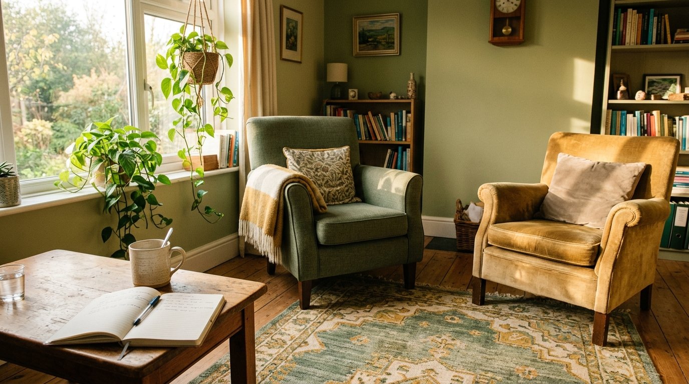 A warm consultation room with two chairs in morning light