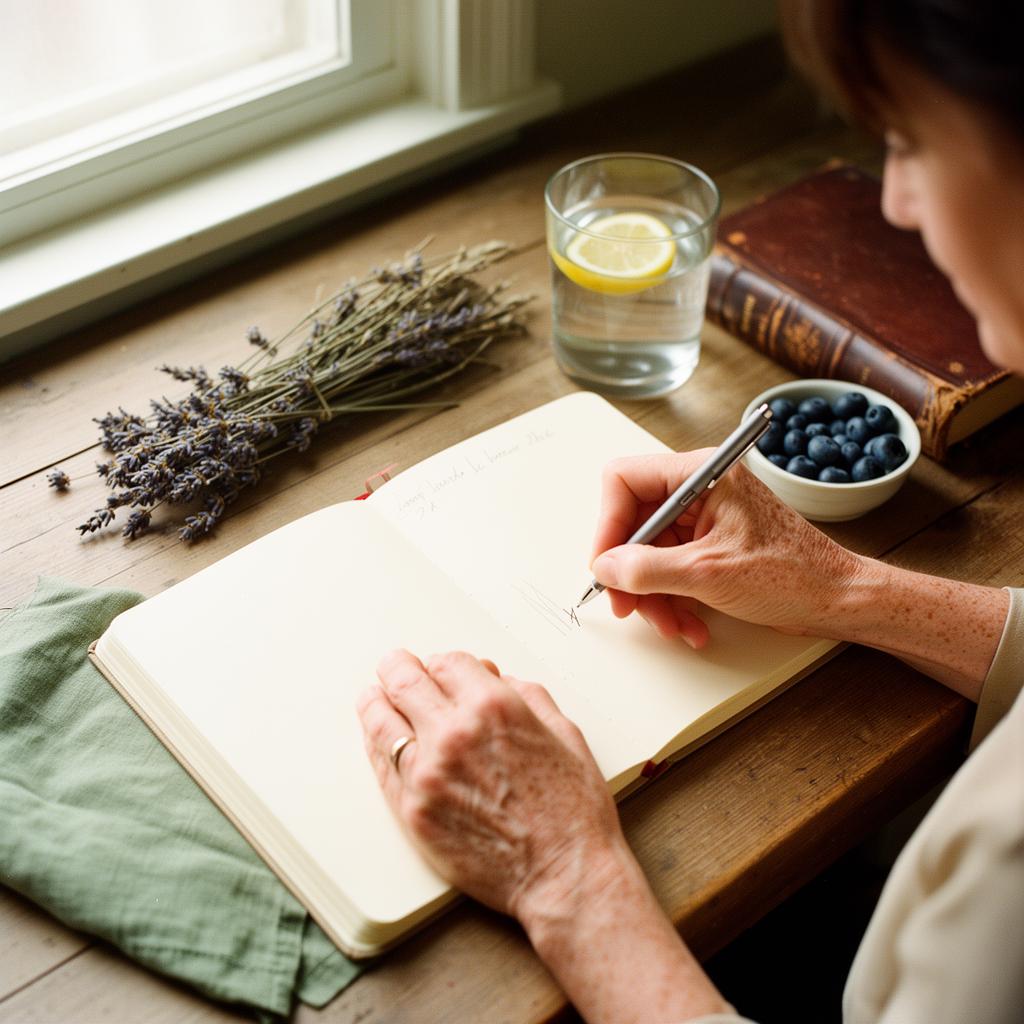 Journaling by a sunlit window with lavender, blueberries, and a glass of lemon water