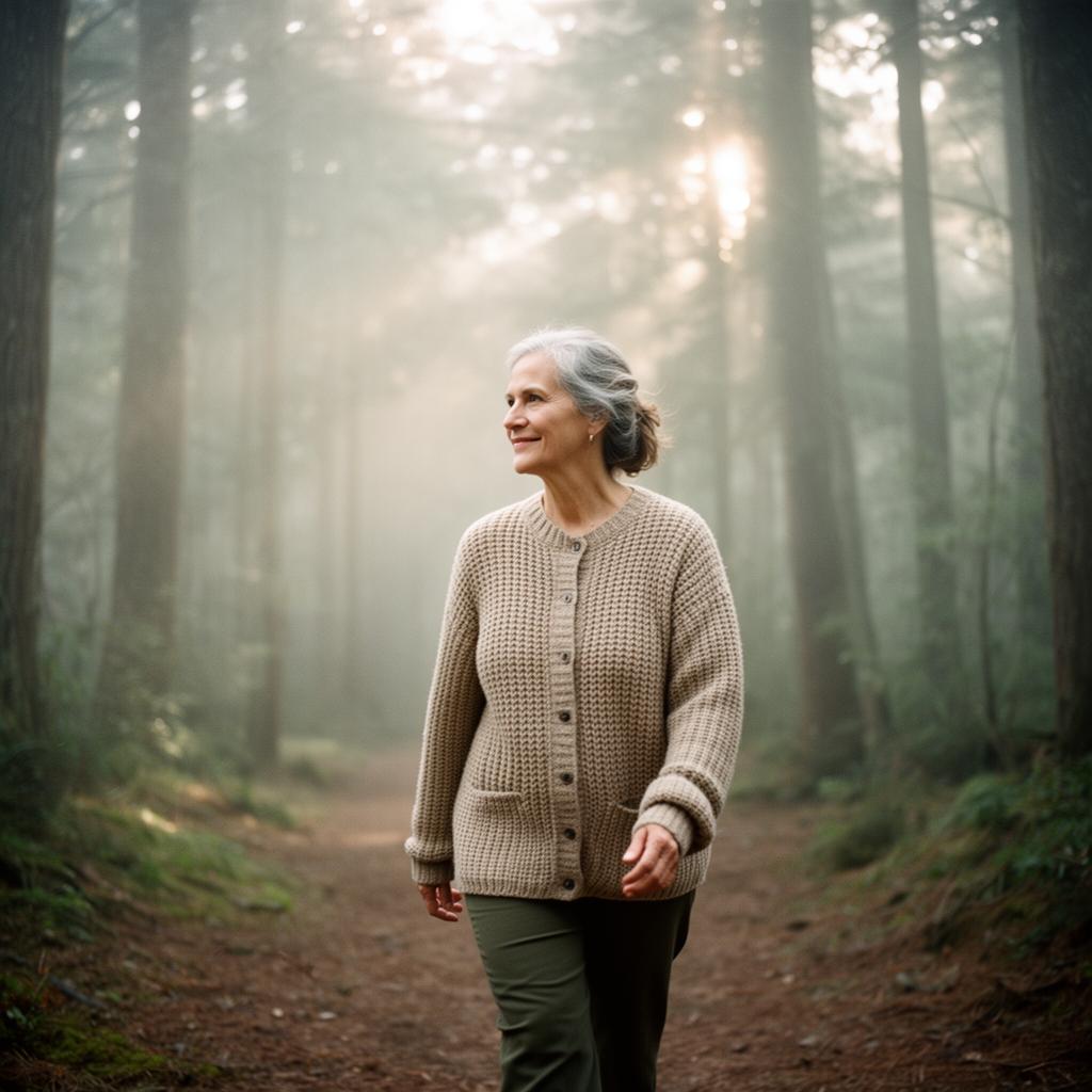 A woman walking a quiet tree-lined path in the early morning light