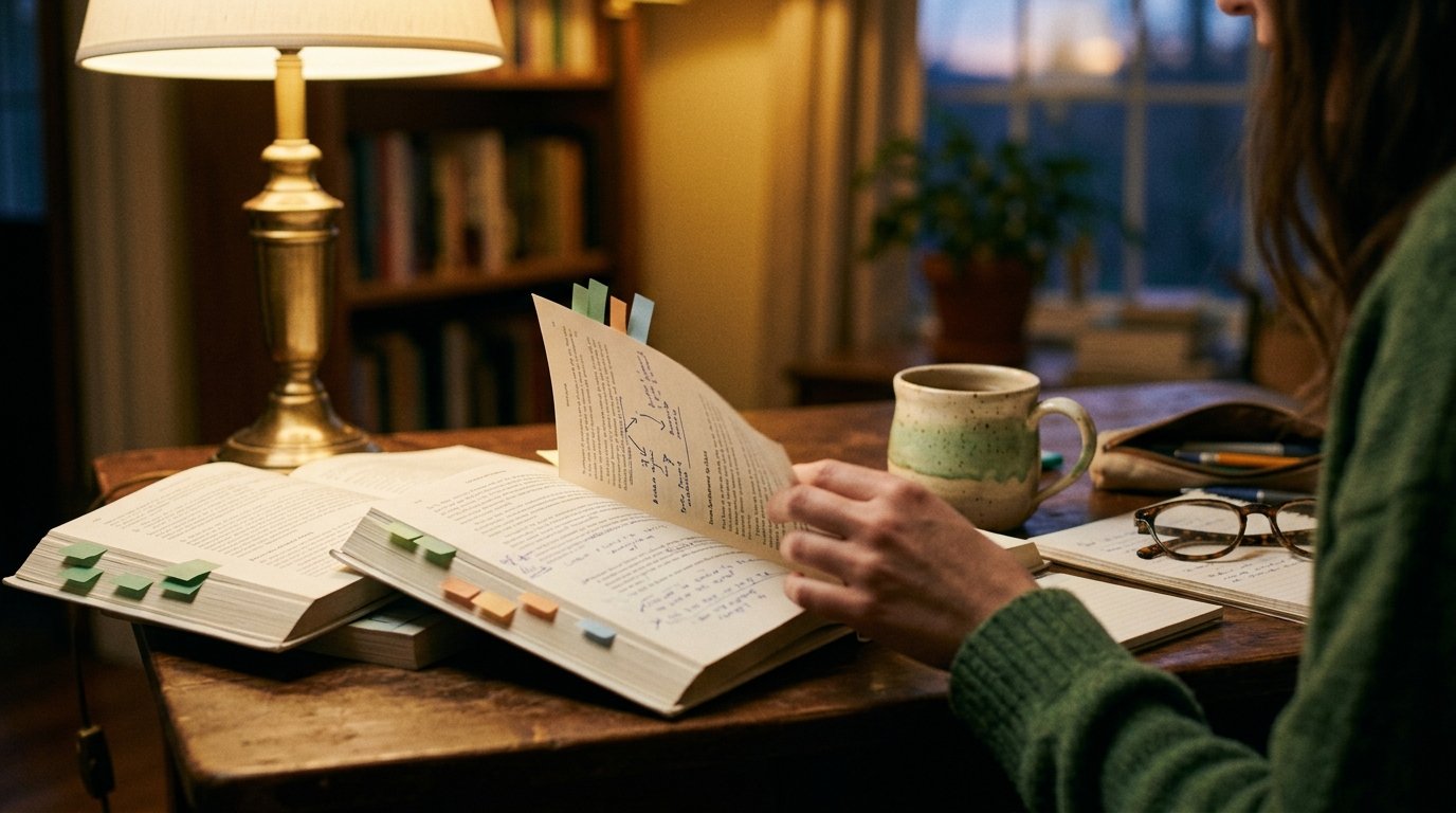 Open books and handwritten notes on a table in warm lamplight