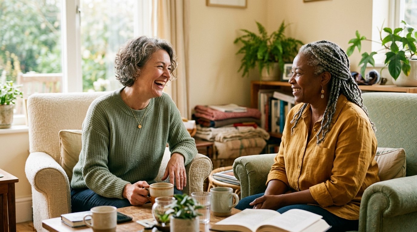 Two women laughing together in a warm sunlit sitting room