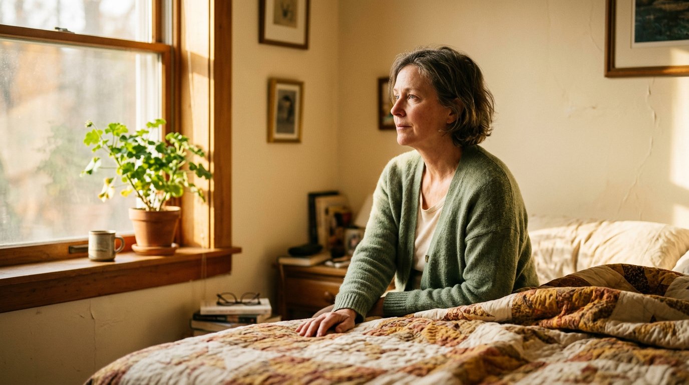 A woman sitting quietly at the edge of a bed in warm morning light