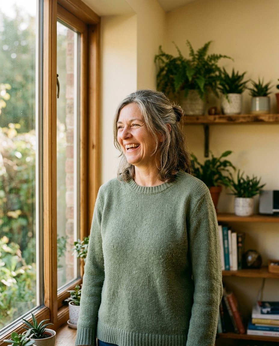 A woman laughing in warm light by a sunlit window